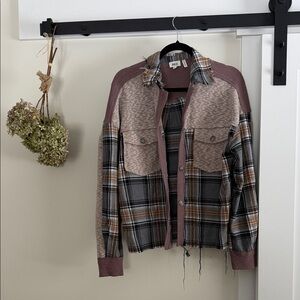 Plaid Button-Up Jacket with Knit Details